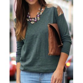 European PU Panel Shoulder Long Sleeve Tee in Green