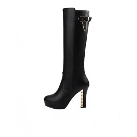 Unique Metal Chunky Heel Knee Boots in Buckle Trim Size:34-39