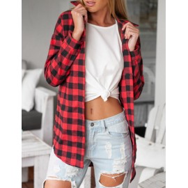 Fashionable Plaid Shirt with Asymmetric Hem Size:S-XL