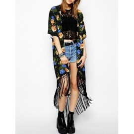 Villatic Floral Printed Tassel Hem Longline Kimono with Short Sleeve Size:S-L