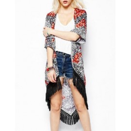 Fancy Polka Dots Printed Swallow Hem Kimono with Tassel Hem