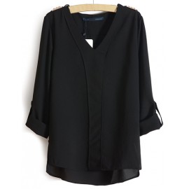 Concise Epaulet Shoulder V-Neck Chiffon Blouse in Pure Color Size:S-L