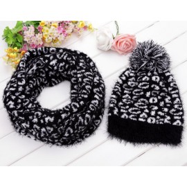 Stylish New Women's Leopard Grain Pattern Knit Winter Warm Ski Skating Cap Hat + Scarf Set 