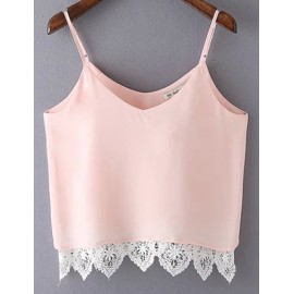 Sexy Basic Lace Panel Hem Tank Top with V-Neck