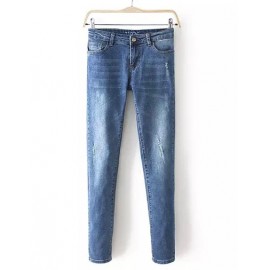 Street Single Button Washed Trim Jeans with Worn-Out Size:S-XL